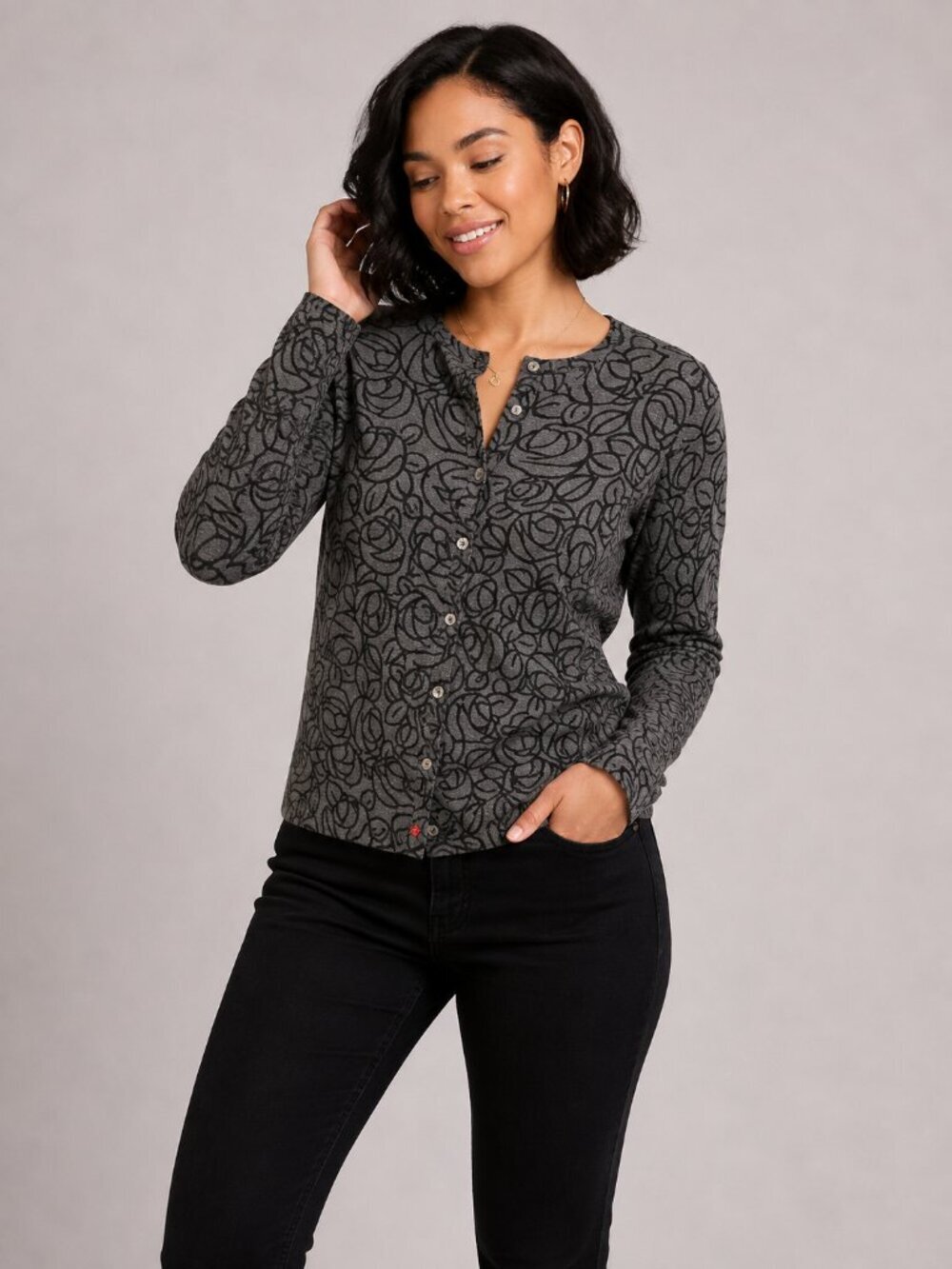 Gray and Black Floral Button Up Sweater Work Office Sweater Cardigan Medium